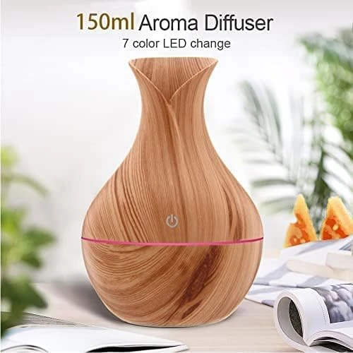 Mini Wooden Design Vase Pot Diffuser – Ultrasonic Cool Mist Humidifier with Adjustable Mist, LED Light & Aromatherapy Function – Silent Air Quality Enhancer for Home & Office (Beige)