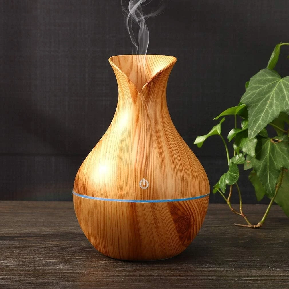 Mini Wooden Design Vase Pot Diffuser – Ultrasonic Cool Mist Humidifier with Adjustable Mist, LED Light & Aromatherapy Function – Silent Air Quality Enhancer for Home & Office (Beige)