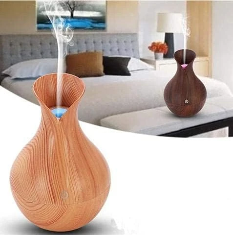 Mini Wooden Design Vase Pot Diffuser – Ultrasonic Cool Mist Humidifier with Adjustable Mist, LED Light & Aromatherapy Function – Silent Air Quality Enhancer for Home & Office (Beige)