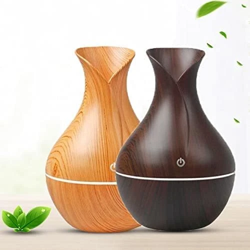 Mini Wooden Design Vase Pot Diffuser – Ultrasonic Cool Mist Humidifier with Adjustable Mist, LED Light & Aromatherapy Function – Silent Air Quality Enhancer for Home & Office (Beige)