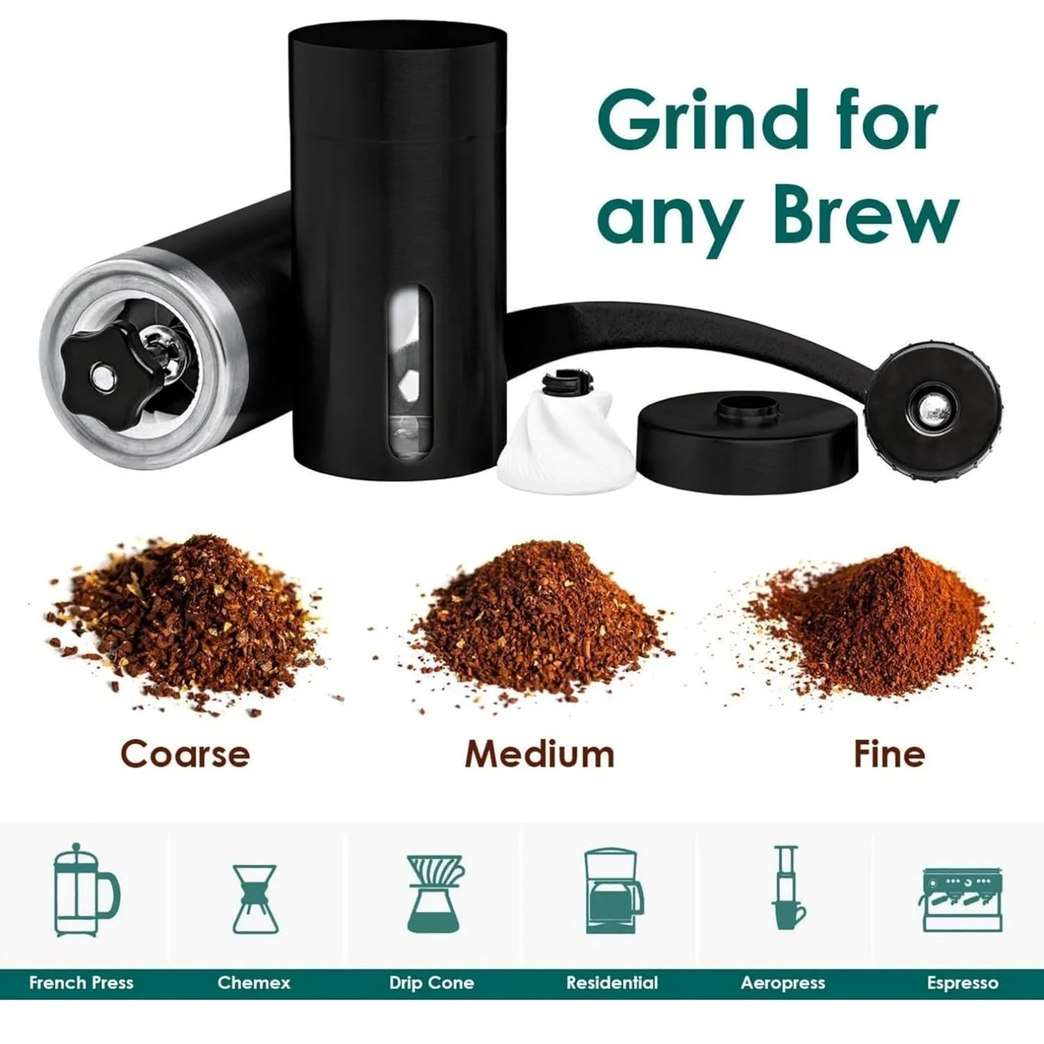 Manual Coffee Bean Grinder – 18 Adjustable Grind Settings for Pour Over, Drip Coffee, Espresso, Moka Pot & Aeropress (Black)
