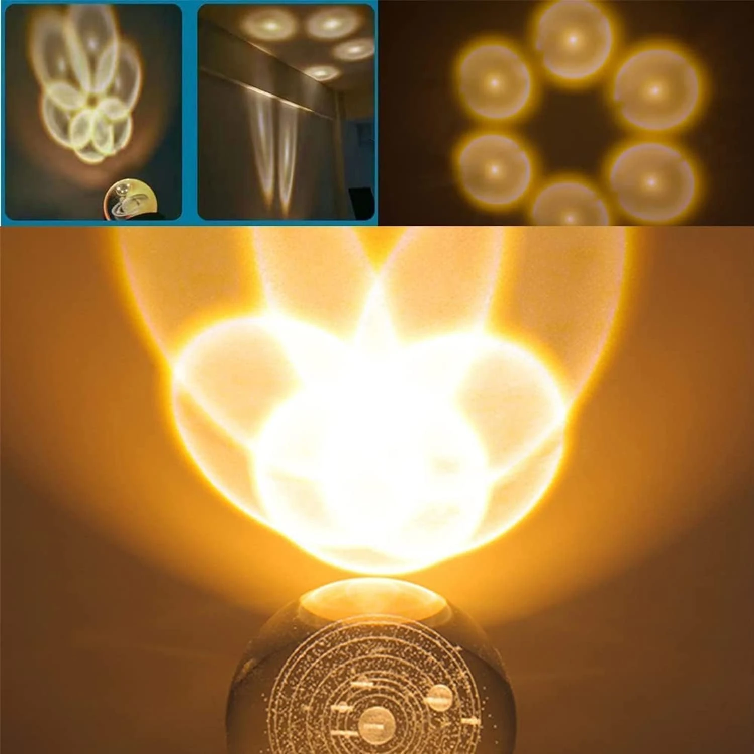3D Crystal Cube Solar System Lamp - Engraved Night Light with Built-in USB Cable, Wooden LED Base, Warm White - 7x7x10 cm