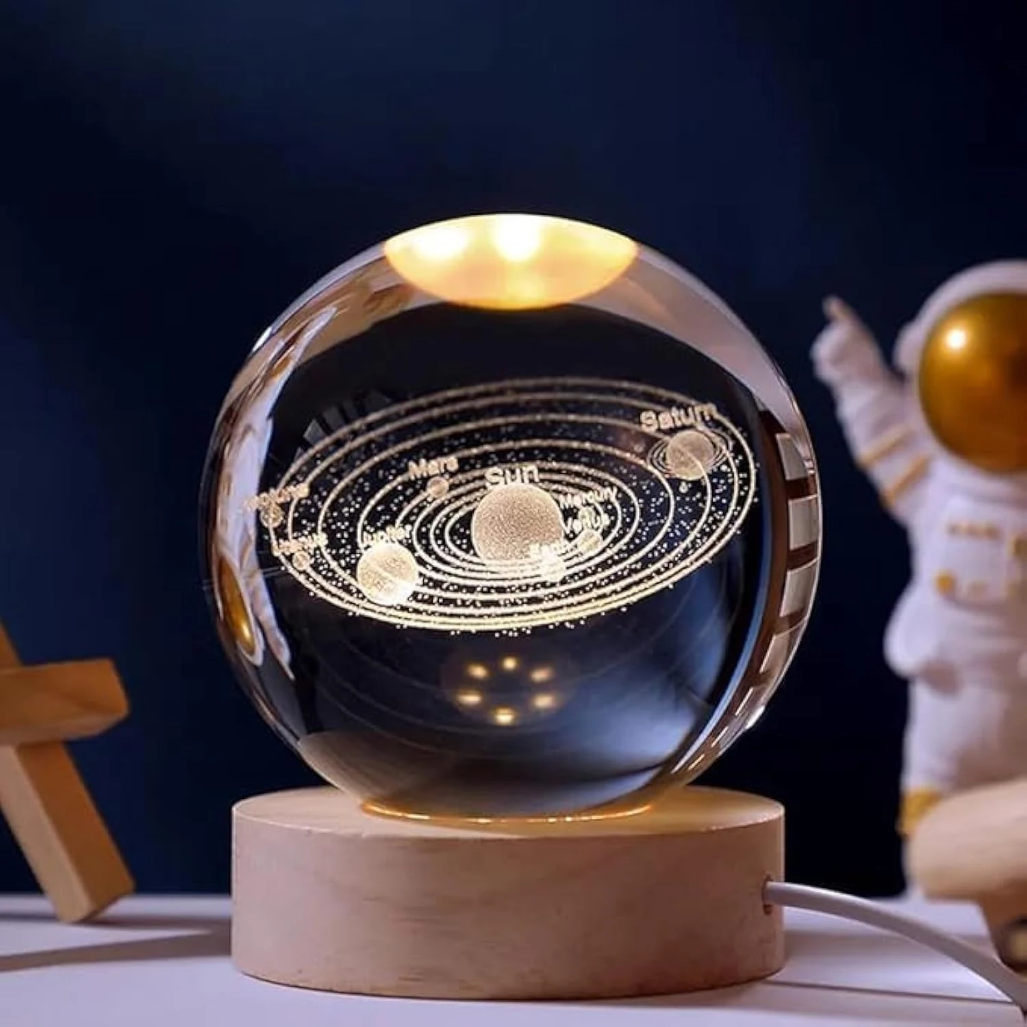 3D Crystal Cube Solar System Lamp - Engraved Night Light with Built-in USB Cable, Wooden LED Base, Warm White - 7x7x10 cm